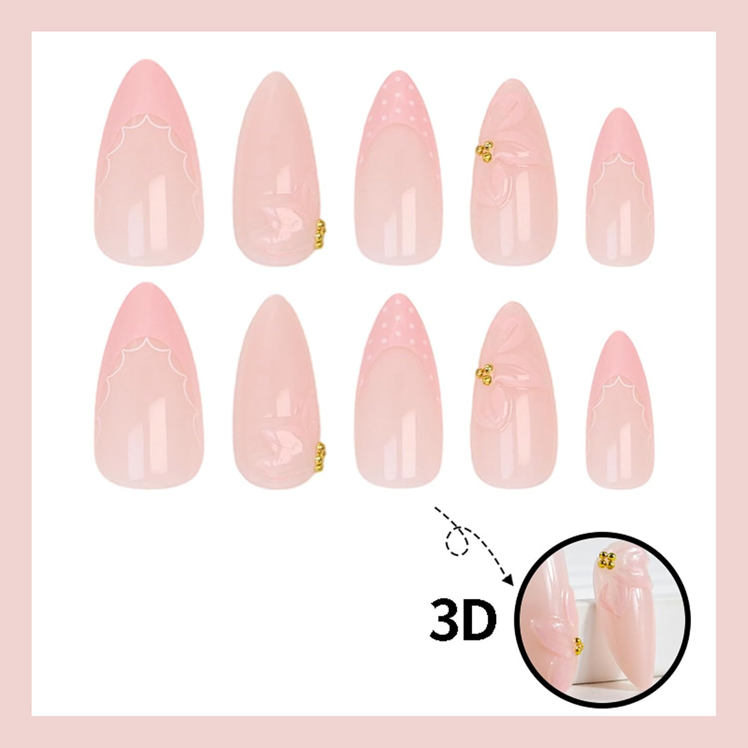 24Pcs Light Pink Press on Nails Medium Almond Fake Nails with 3D Floral & Gold R