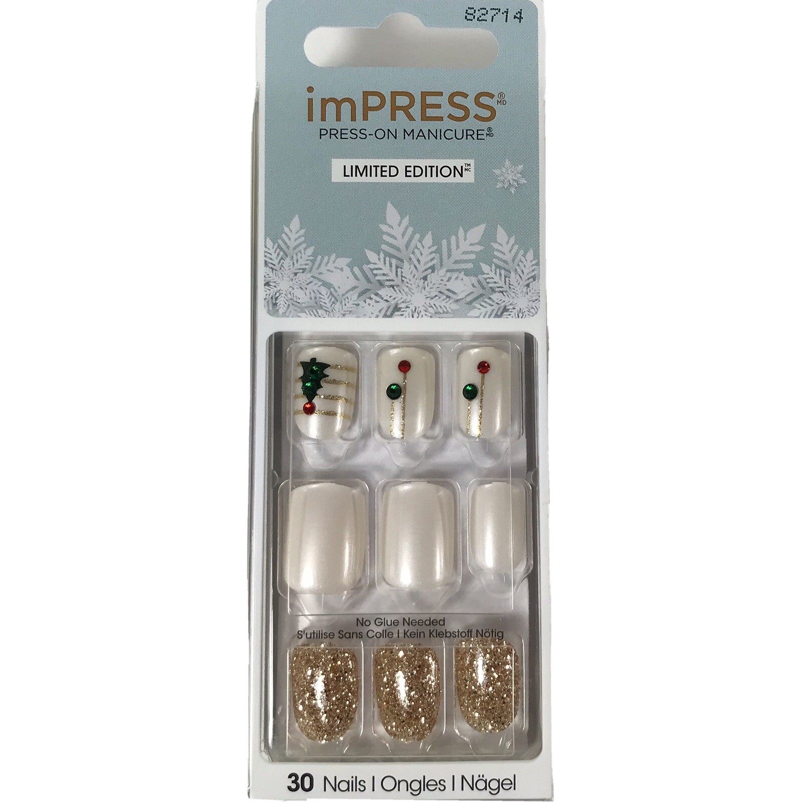 NEW Kiss Nails Impress Press On Manicure Short Gel Pearl White Tree Christmas