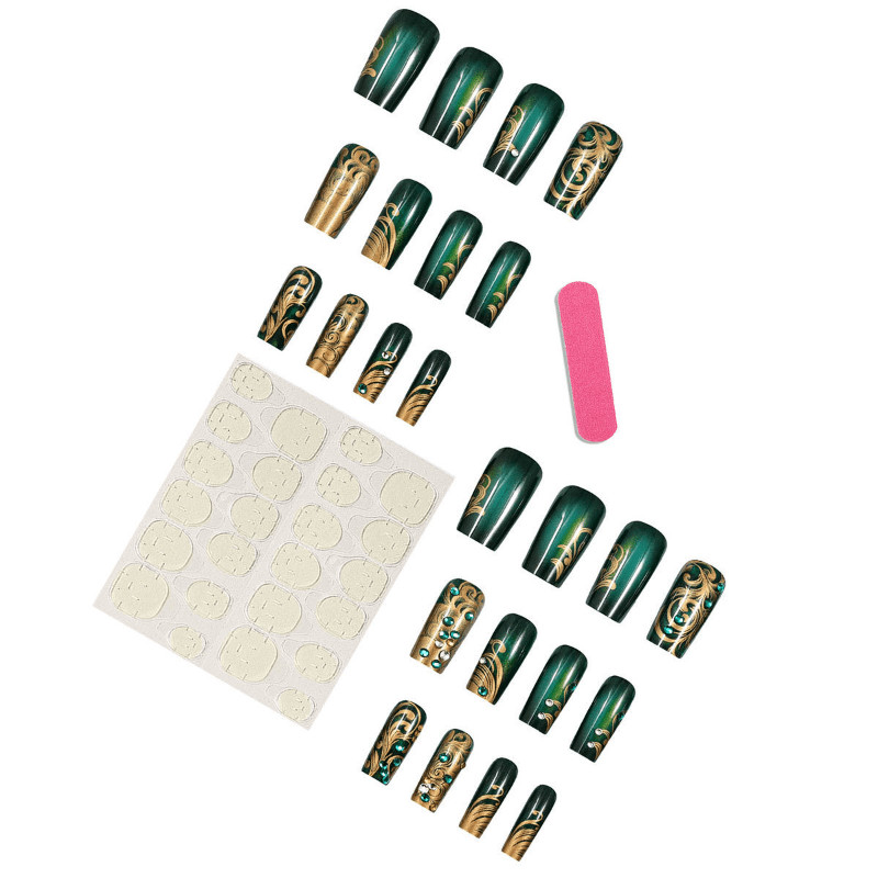 48pcs Long Taper Press on Nails, Dark Green Gold Swirl Rhinestone Luxury Nails