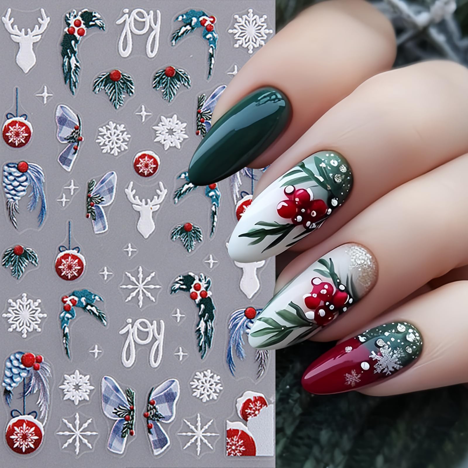 4Pcs Christmas Snowflake Nail Stickers 5D Embossed Self-Adhesive Glitter Chri…