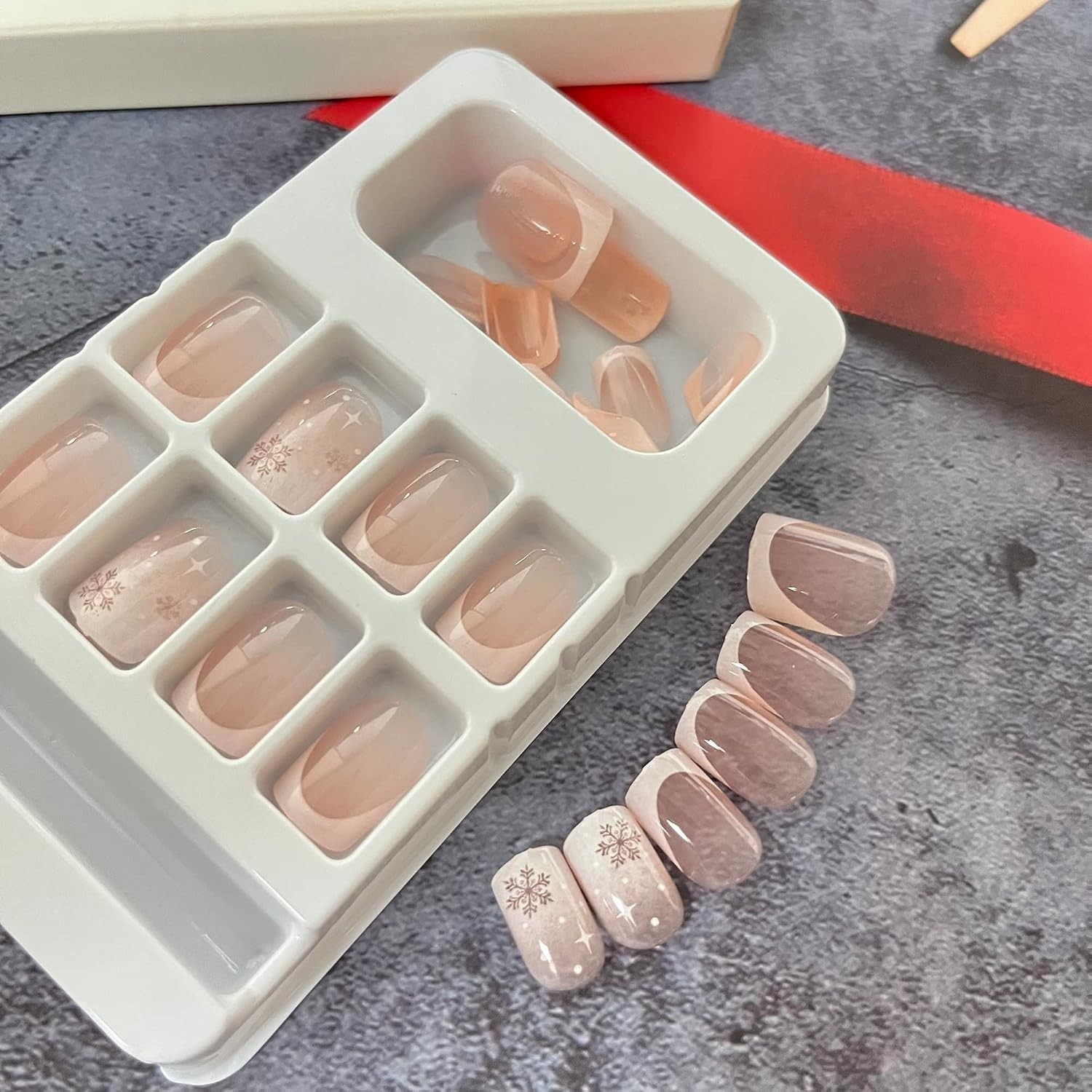 Christmas Press On Nails – Short Square Fake Nails with French Tip Acrylic, C…