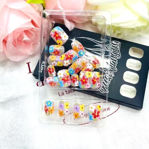 Summer Flowers Press on Nails – Short Square False Nails with Colorful Flowers
