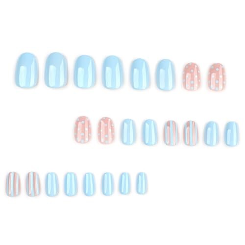 Pastel Blue Polka Dot Press on Nails Oval – Light Blue Short Fake Nails Style-1