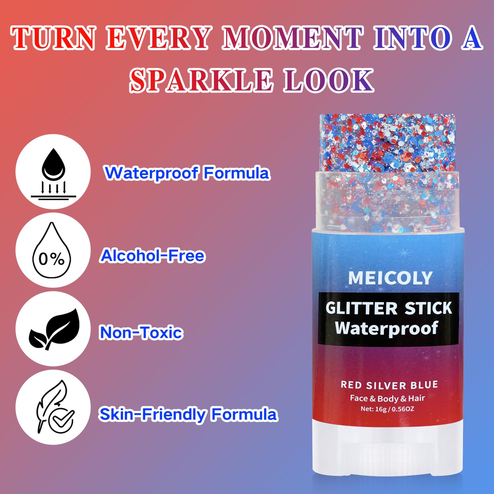 Red White and Blue Face Body Glitter Stick with Star Sequins,4th of July Acce…