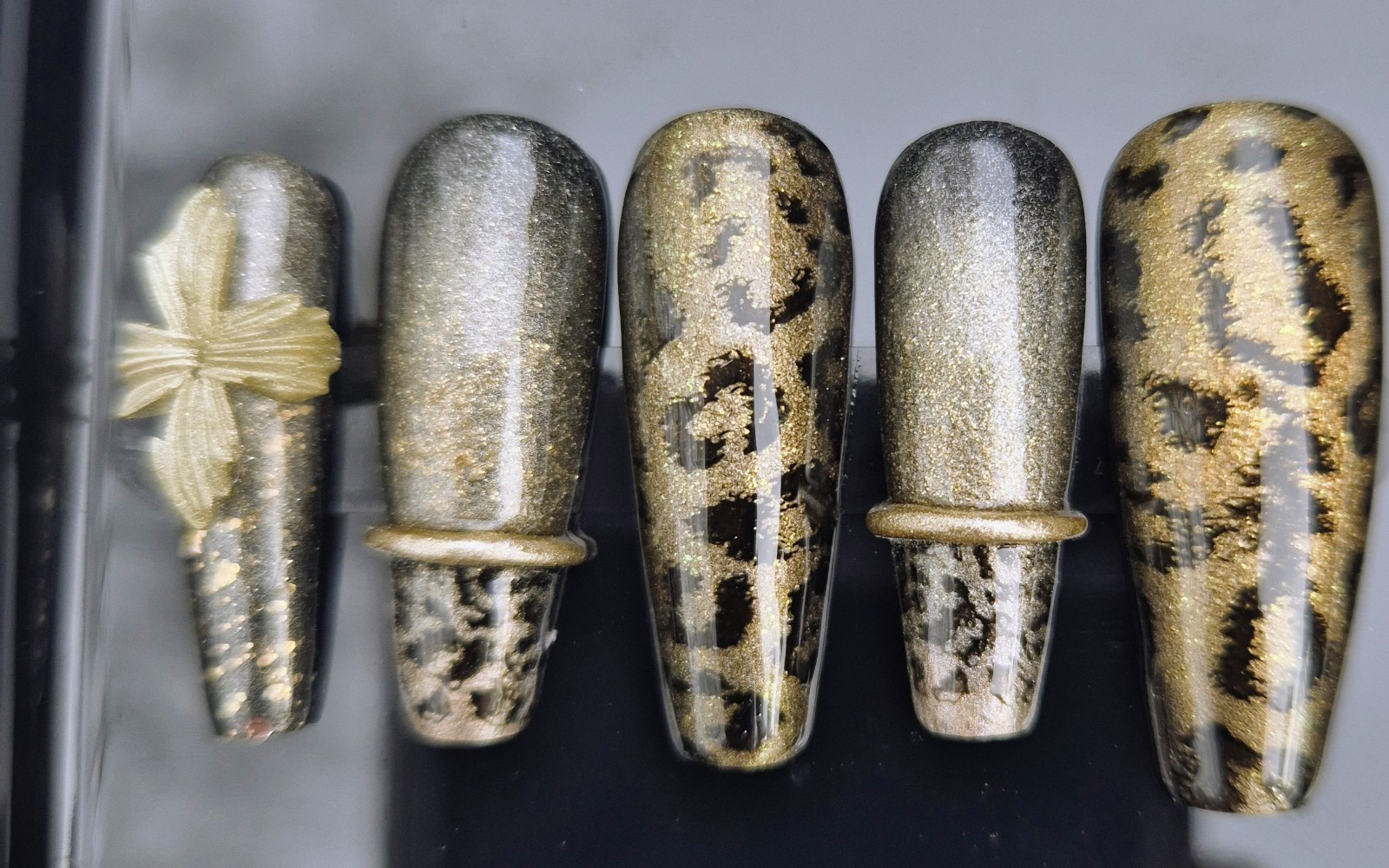 Gold Black Glitter Leopard Coffin Press-On Nails Pre-Designed Full Cover