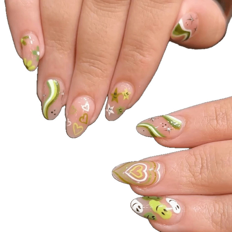 48Pcs-Long Almond Nude Green Swirl Heart Star Smiley Face Press on Nails Set