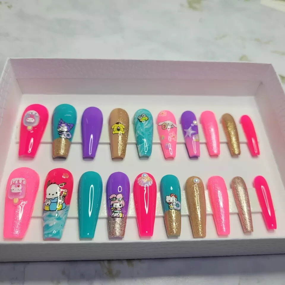 Hello Kitty, Kuromi, My Melody Press-on Nails, Gel, 20 Nail Set, Rhinestones USA