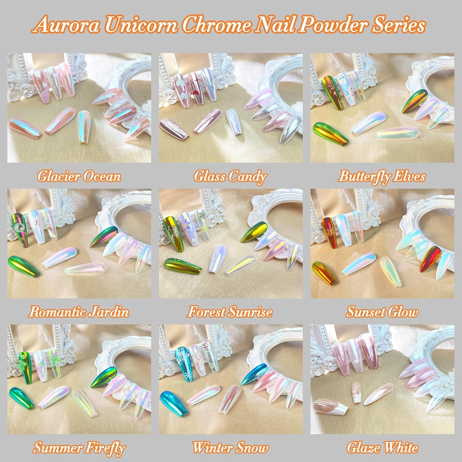 White Chrome Nail Powder, Clear Glazed Donut Mermaid Aurora Nail Powder Pigment