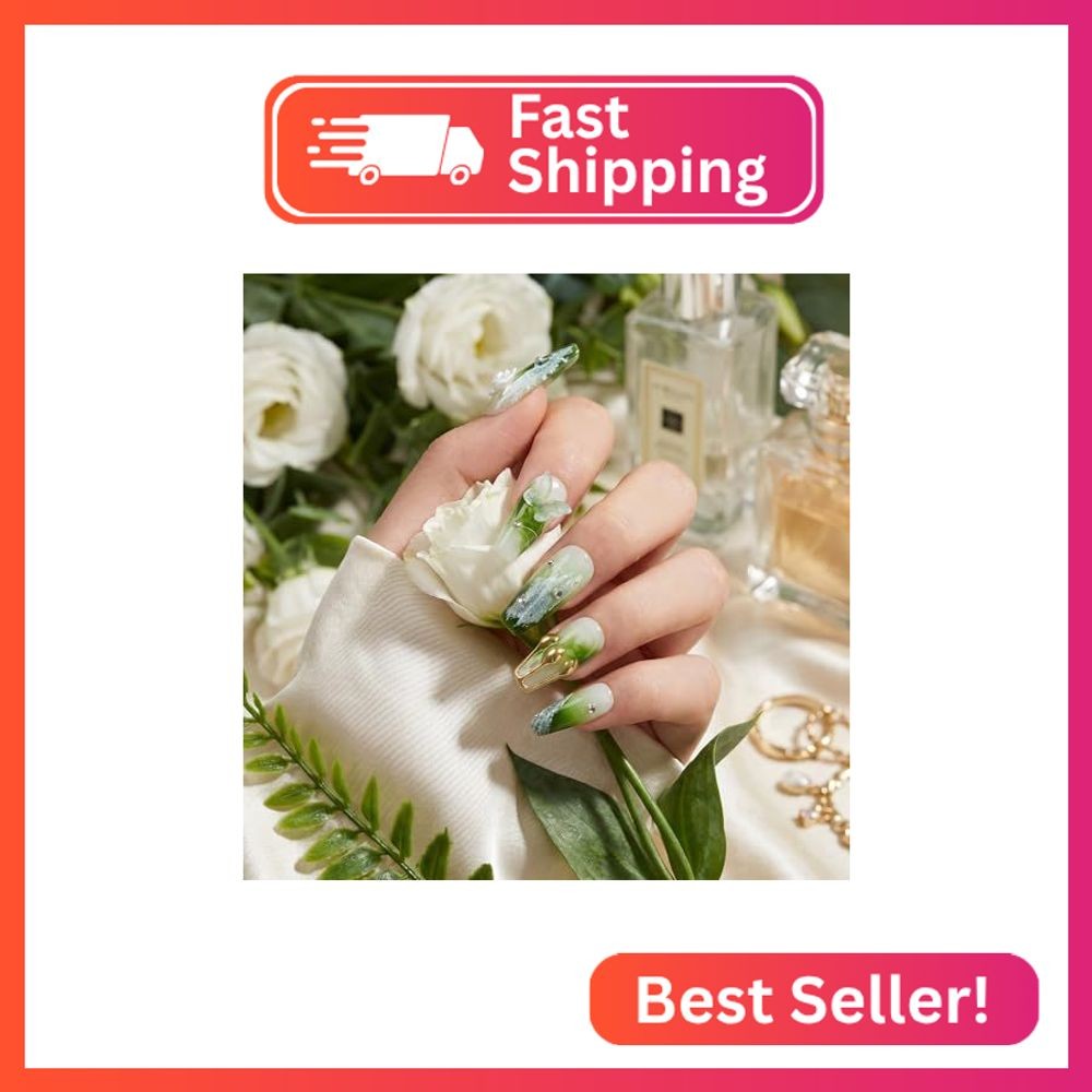 Sun&Beam Nails Handmade Press On Nail Medium Long Coffin Ballerina Green Flower