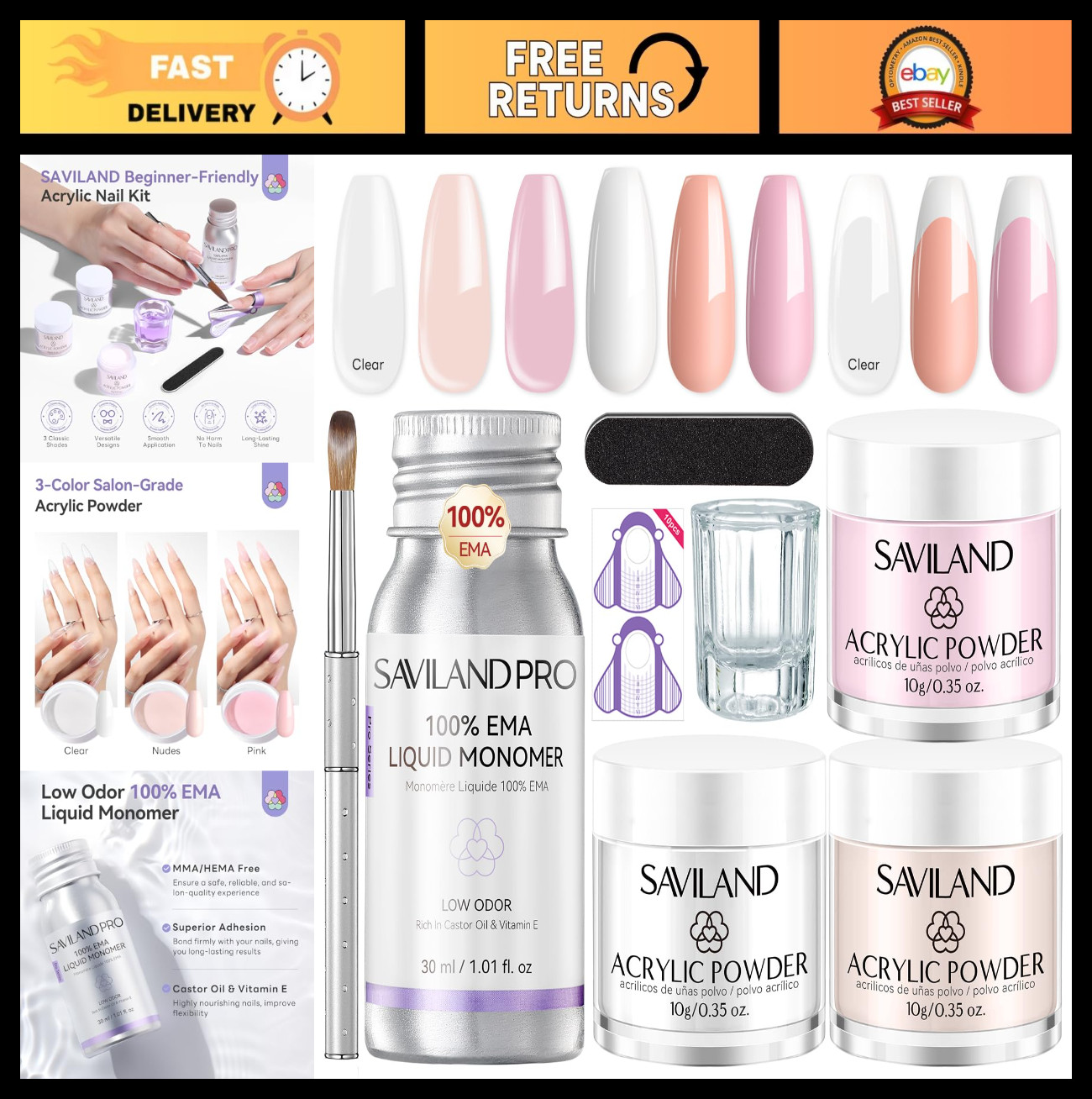 Acrylic Nail Kit for Beginners – Clear Pink Nude Powder, Liquid, Brush & Tools f
