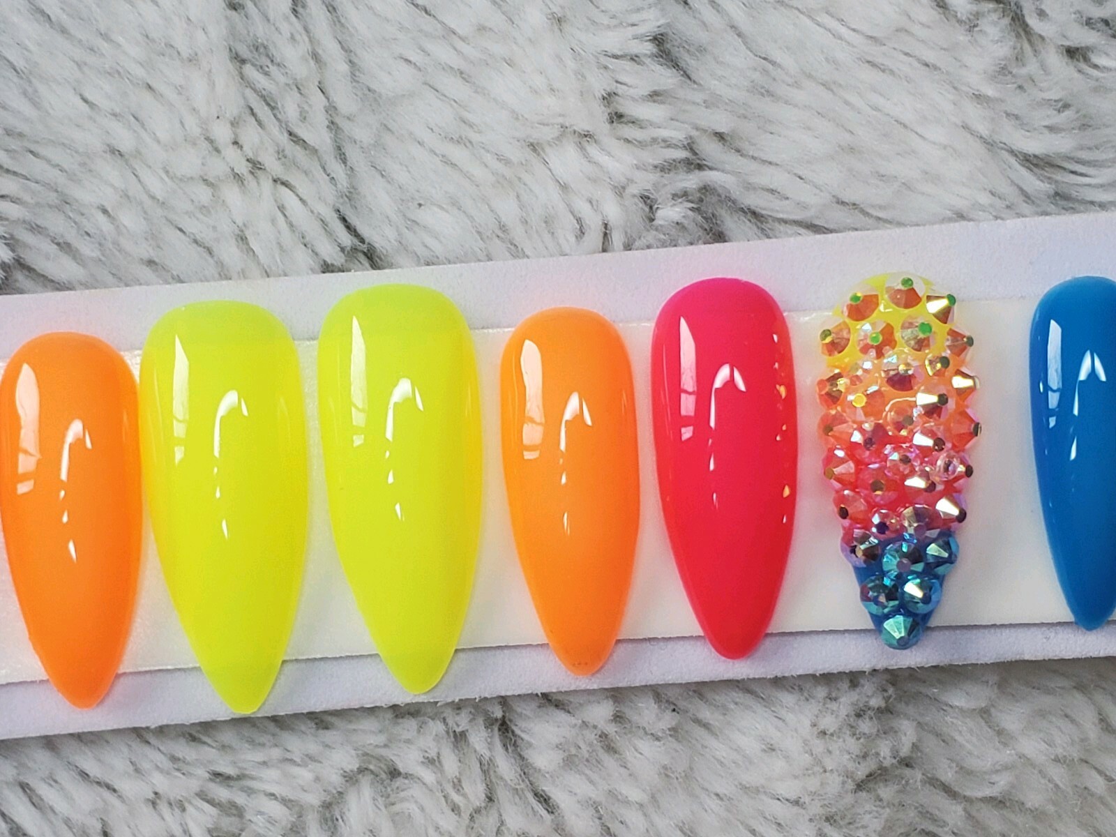 Bright Neon Rainbow ombre bling nails w/ crystals Press On jelly nails stiletto