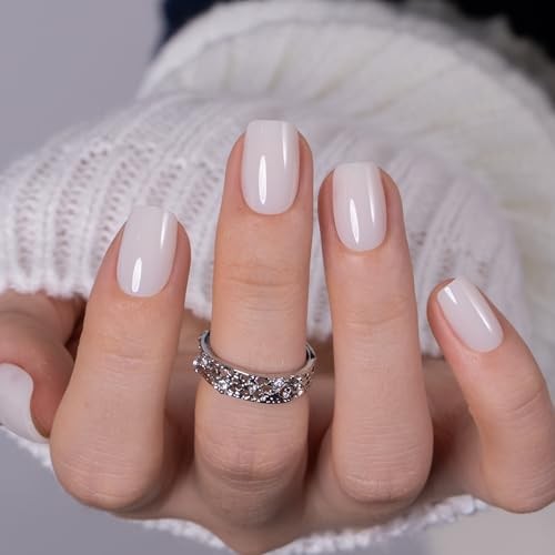 Short Square Apricot Design Press On Nails, Milky White, Soft Clean Milky Nude