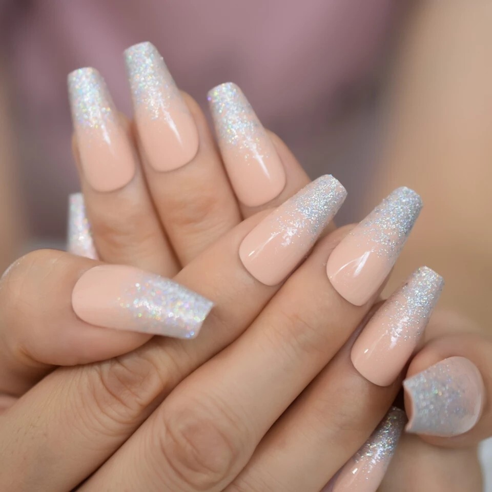 24 Peach Nude Ombre glitter Press on nails with glue long coffin iridescent