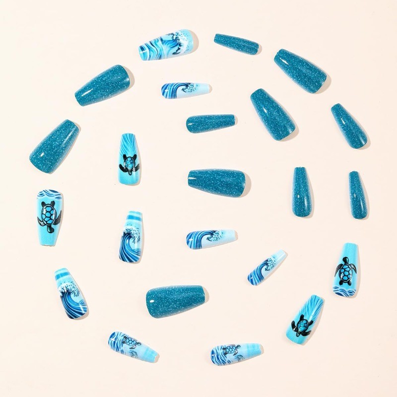 Ocean Turtle Press on Nails, Blue Glitter Coffin Fake Nails for Summer Vacation