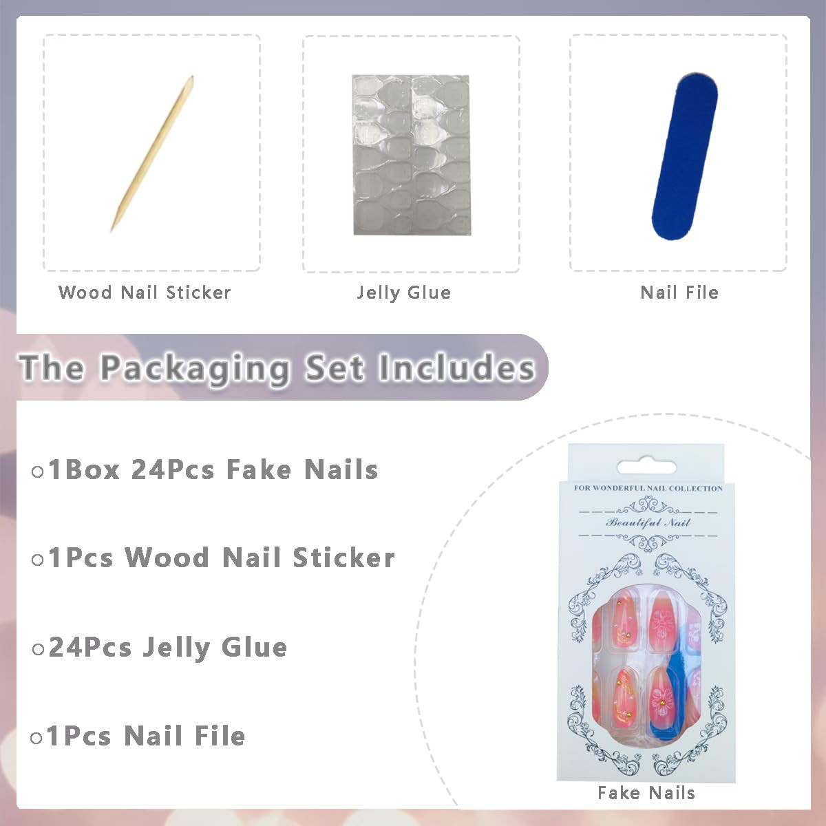 24Pcs 3D Flower Press on Nails Medium Almond Fake Nails with Pearl Rhinestones D