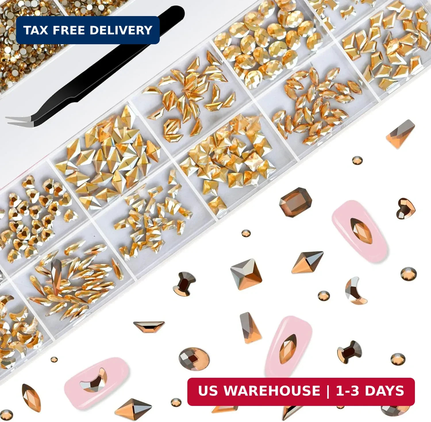 Nail Rhinestones Set, Multi Shapes Champagne Gold Rhinestones for Nails, Mixed S
