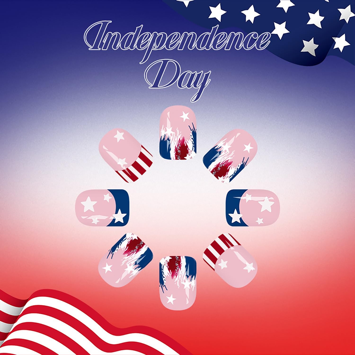 4th of July Press on Nails Short Square, French Tip Fake Nails Red White Blue…