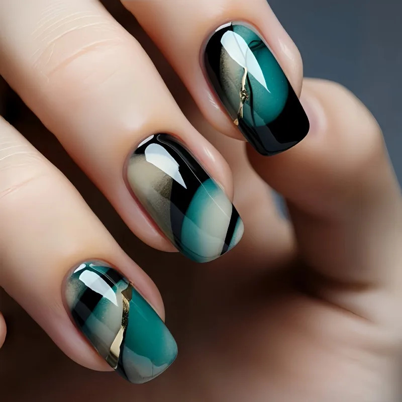 24PCS Green Striped Press on Nails Short Square Gradient Fake Nails