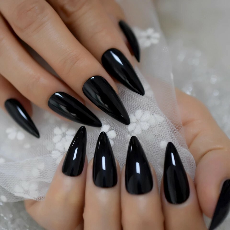 Long Black Stiletto Press On Nails Glossy goth wet look vinyl