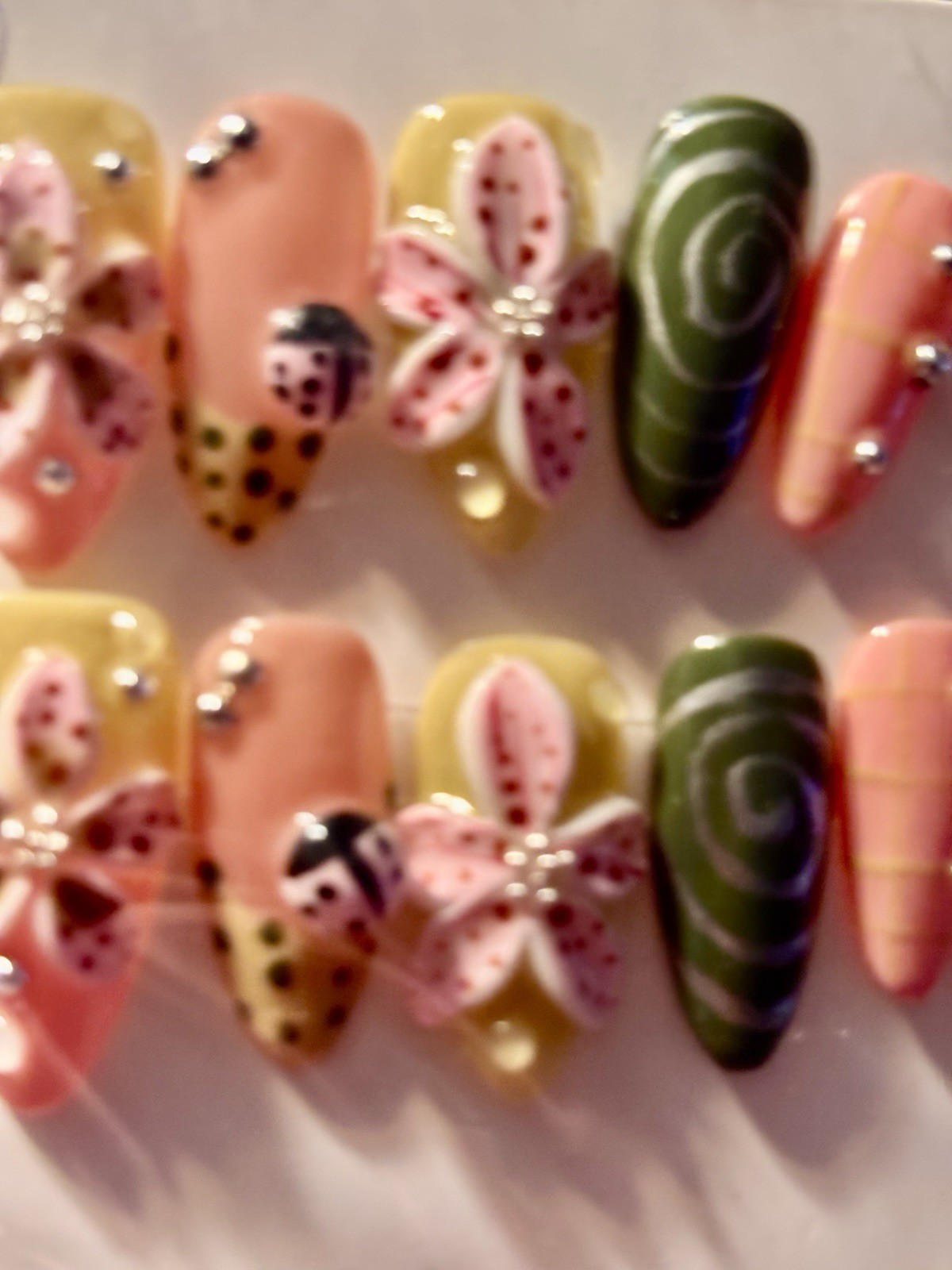 SU YUE NAIL Pink/Yellow/ Large 3D Flower Press-On Nails Long Almond Full Cover