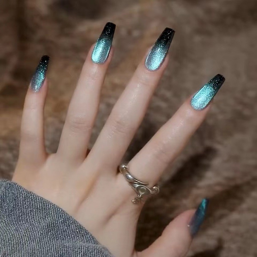 48pcs Long Taper Press on Nails, Black Teal Aurora Silver Glitter Ombre Nails