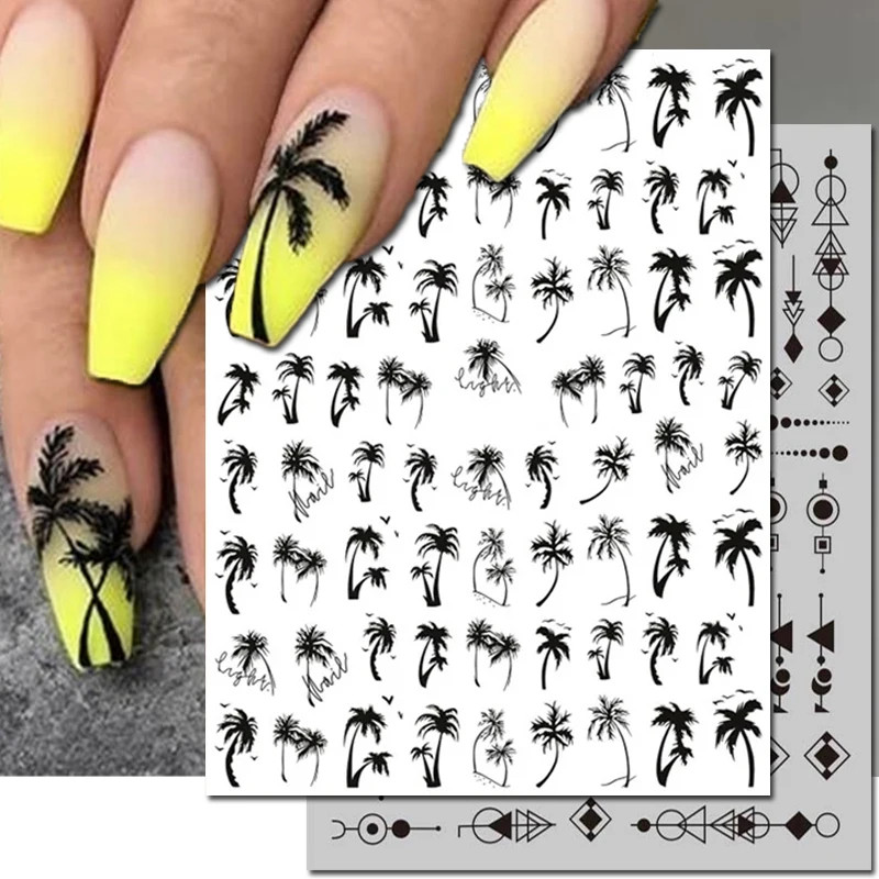 3D Nail Art Decals Geometric Lines Coconut Tree Palms Leaves Flowers Adhesive Sl