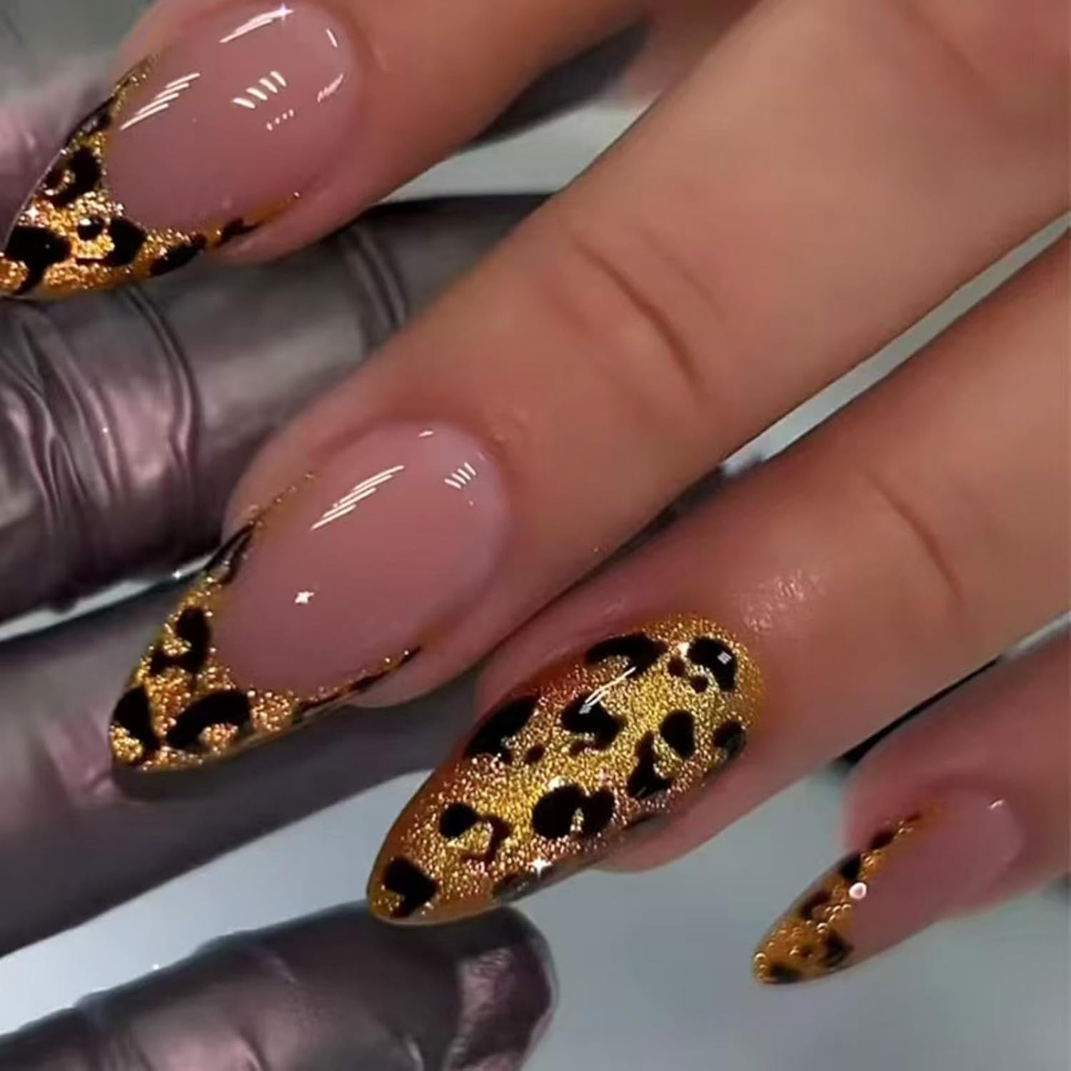Leopard Press on Nails Gold Glitter Fake 24 Fl Oz (Pack of 1), Style07