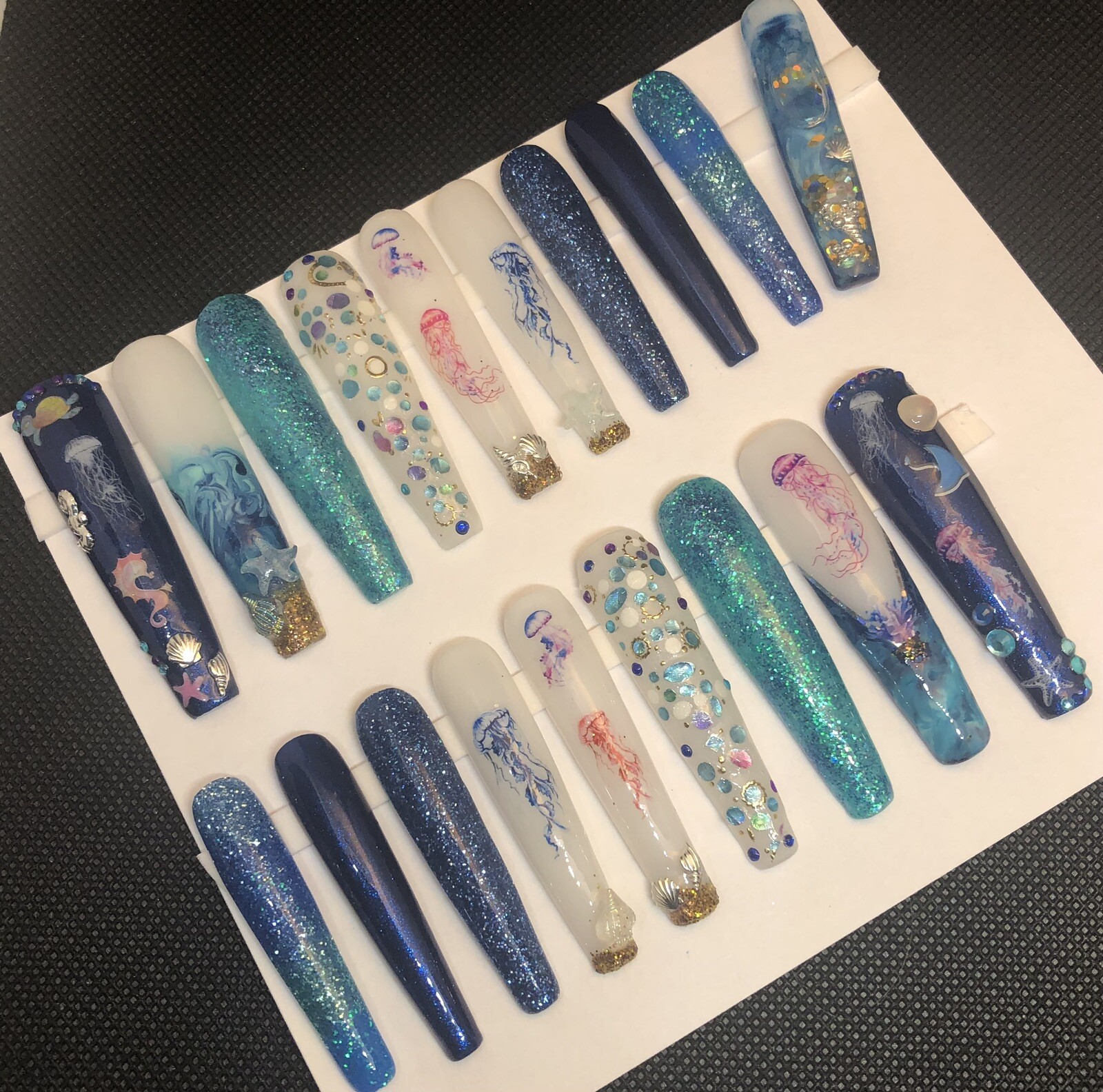 Custom Handmade Press On Nails 2X Long Coffin Blue Summer Ocean Beach Nails