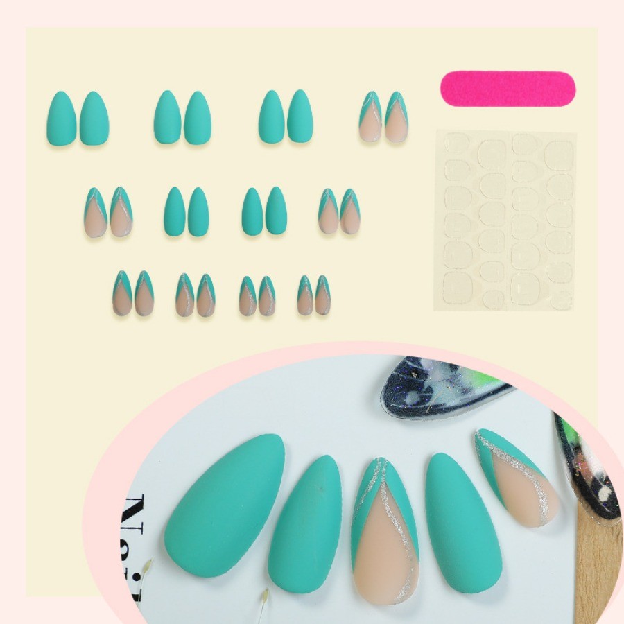 48pcs-Tropical Teal Press on Nail, Almond Nails with Nude Base and Silver Accent