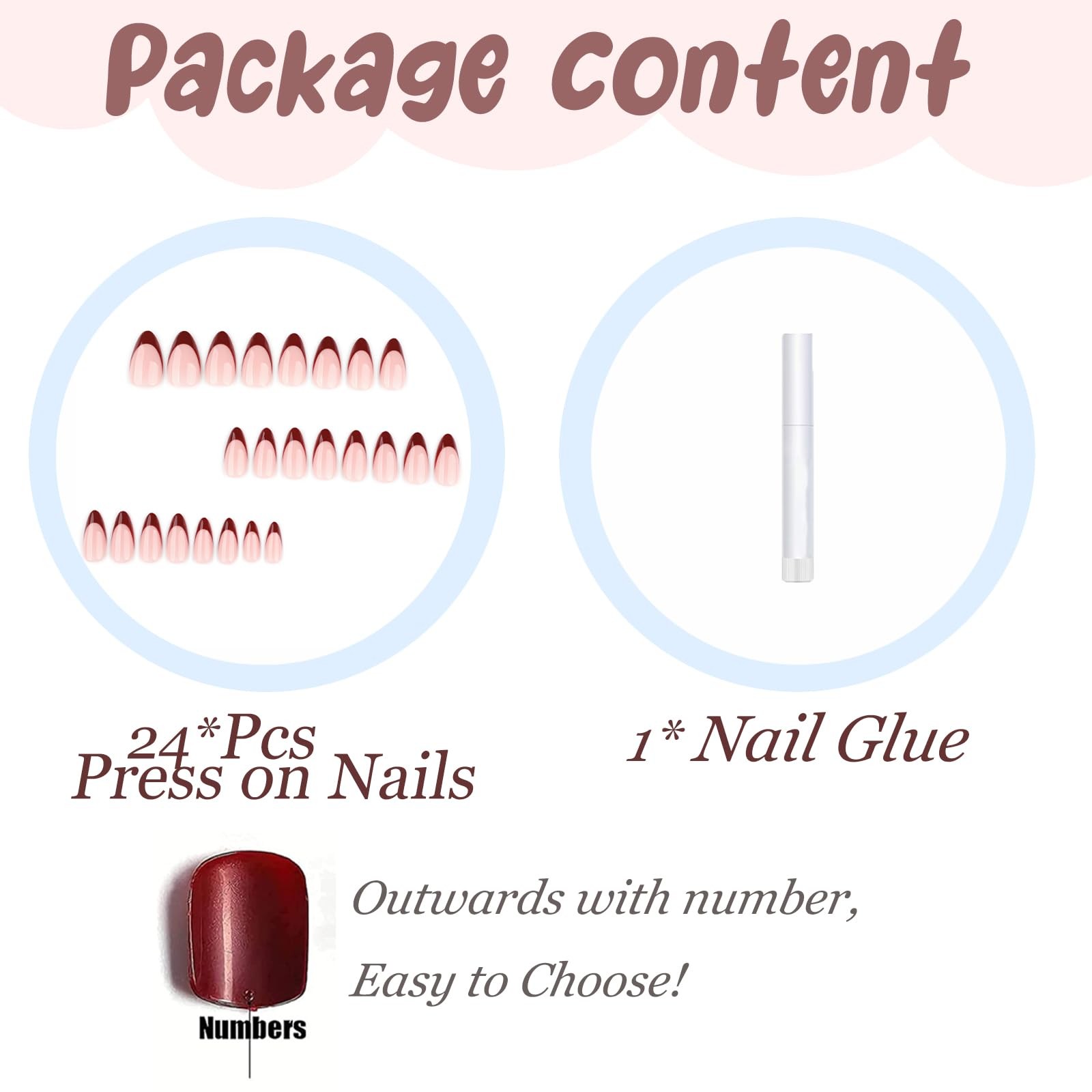 Red Nails Press on Almond Medium Fake Nails Burgundy French Tip Glue on Desig…