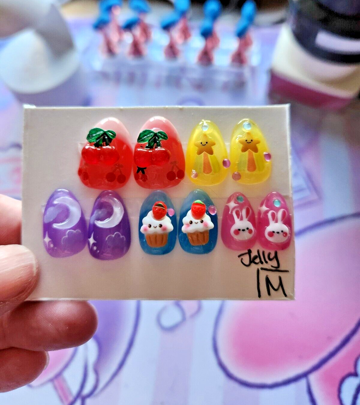 Hand Painted “Fun Jelly” Extra Short Almond Length Press On Nails (size M)