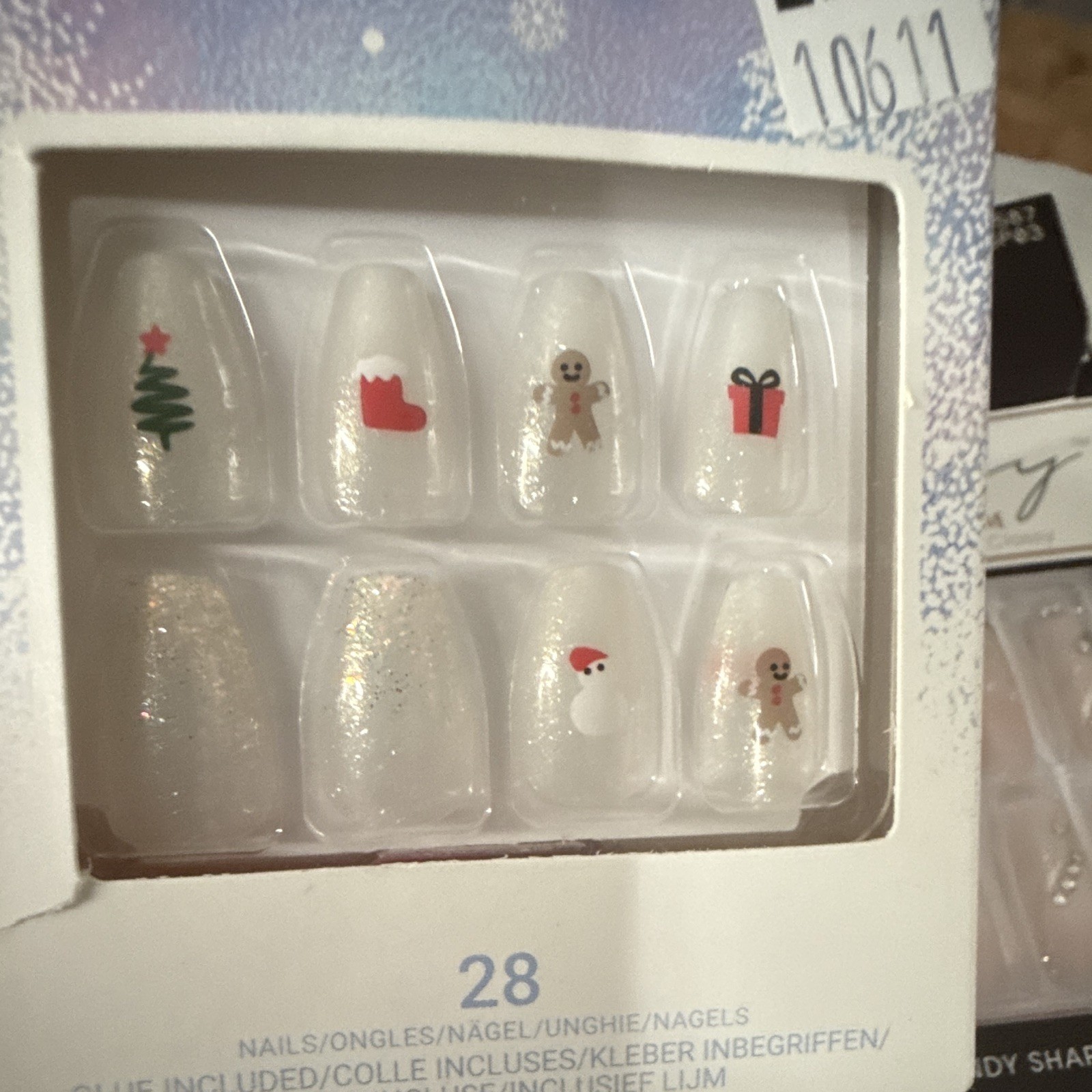 KISS Press-On Nails Lot of 3 Long Coffin French Glitter 3D Nude/White Glue