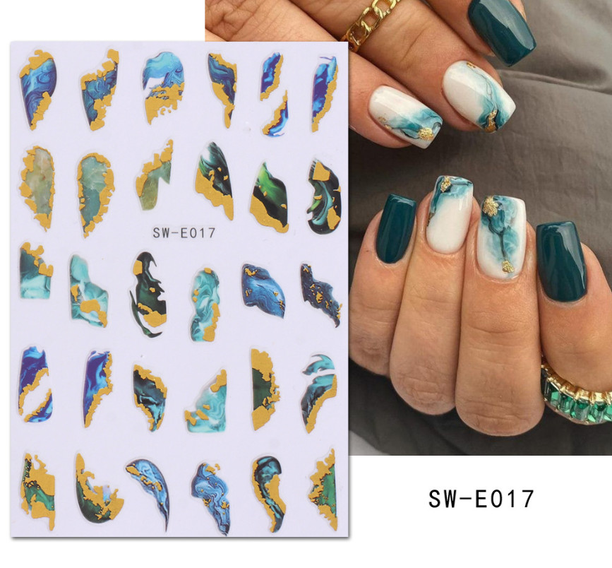 Nail Art Sticker Decal 3D Acrylic Blue Ink French Lines Marbles Golden Wave NS43