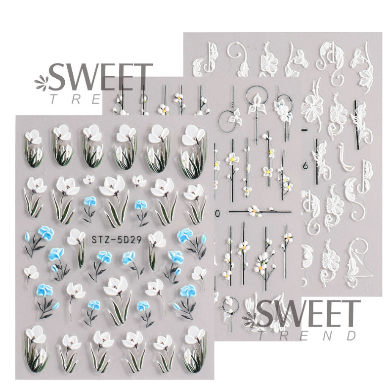 Bridal White 5D Embossed Rose Flowers Butterfly Nail Stickers Adhesive Manicure