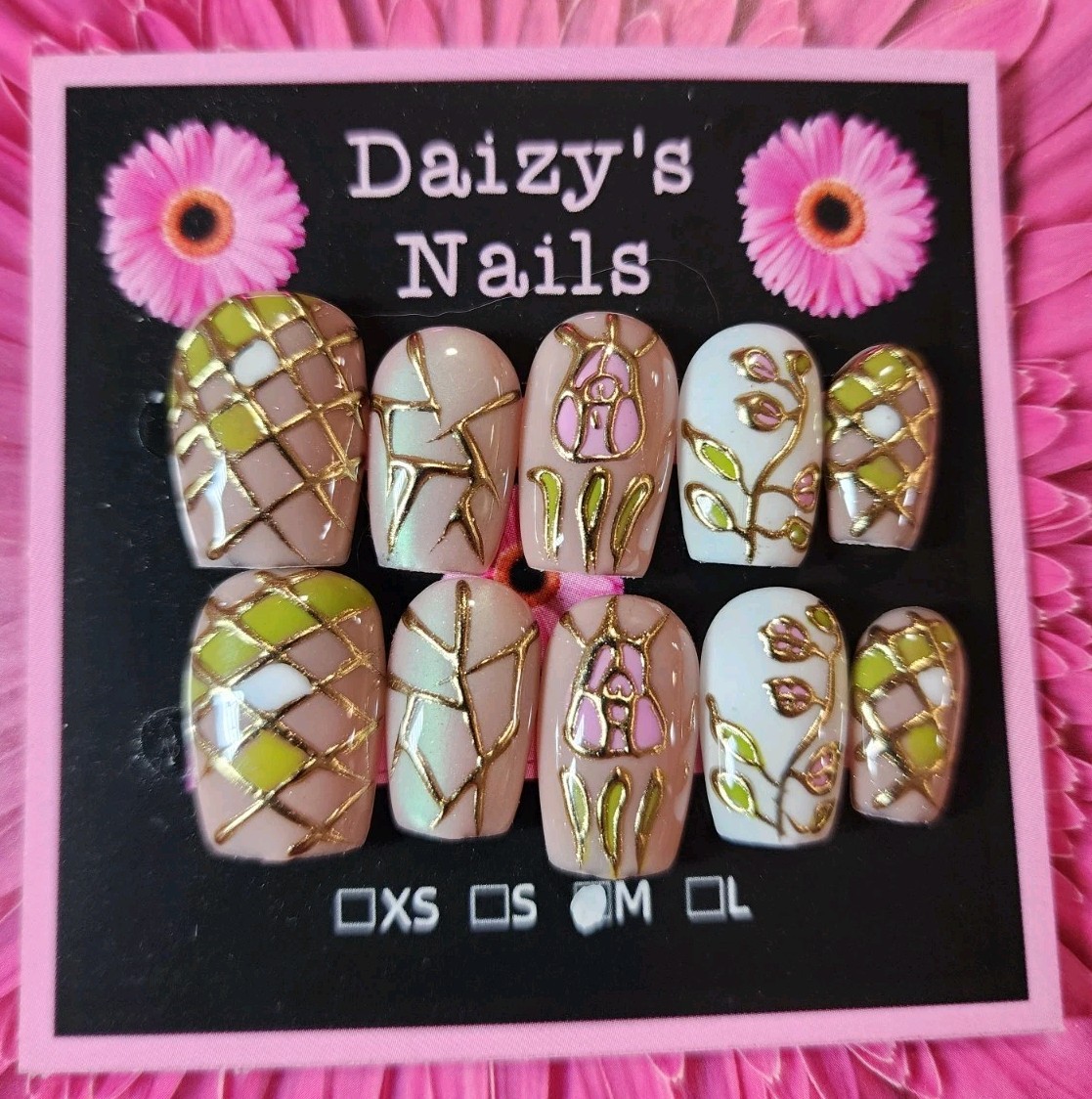 Medium Size Gold Vine Fairytale Press-on Nail Set Handmade Coffin 2.0 Cm Length