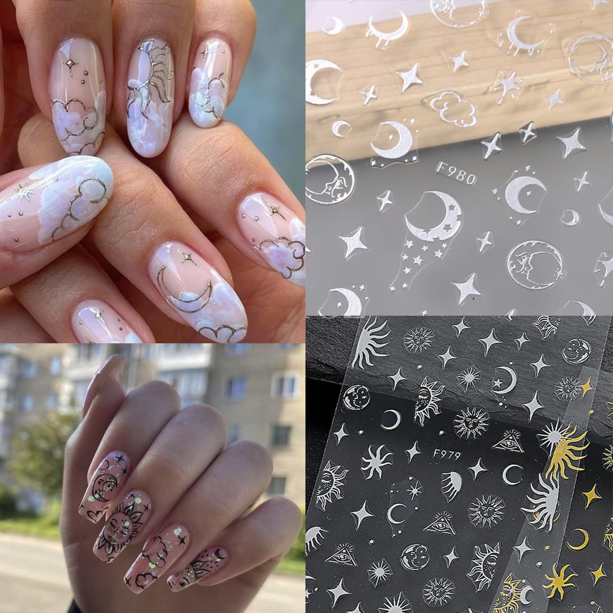 8 Sheets Metallic Nail Art Stickers Decals Silver Moon Star Sun