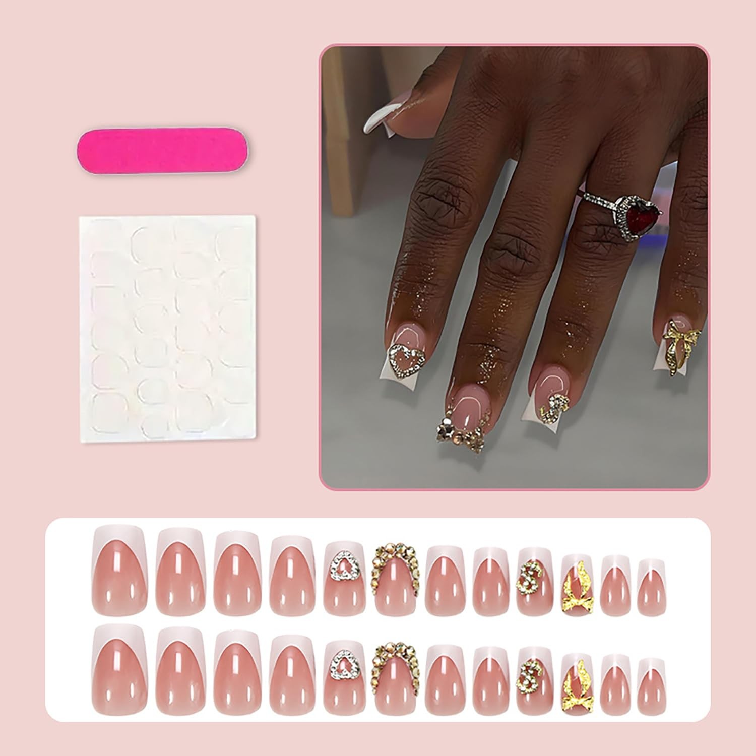 24pcs French Tip Press on Nails Short Square Fake Nails with 3d Heart Bow Dol…