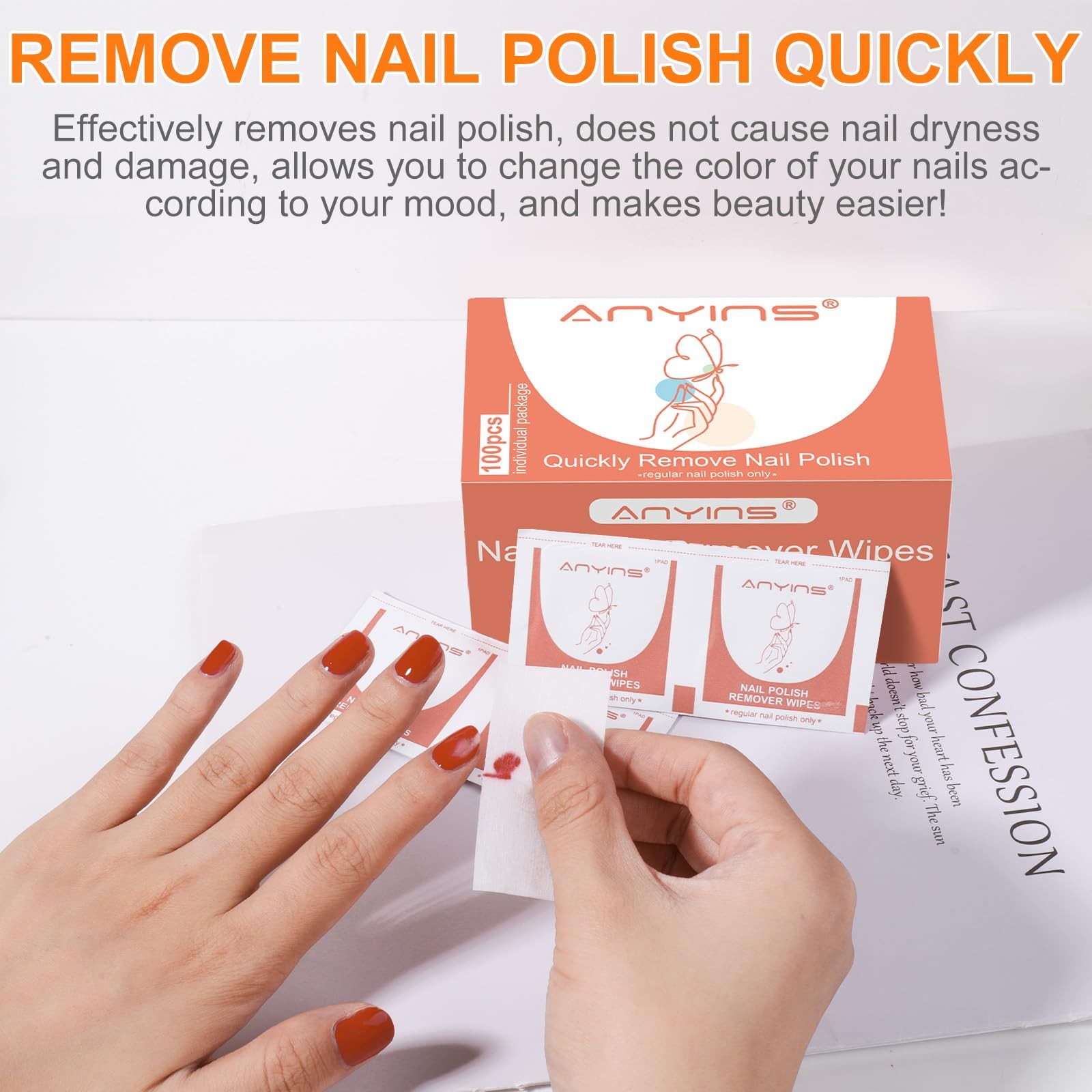 ANYINS Nail Polish Remover Pads，100PCS Wipes Fast 100PCS