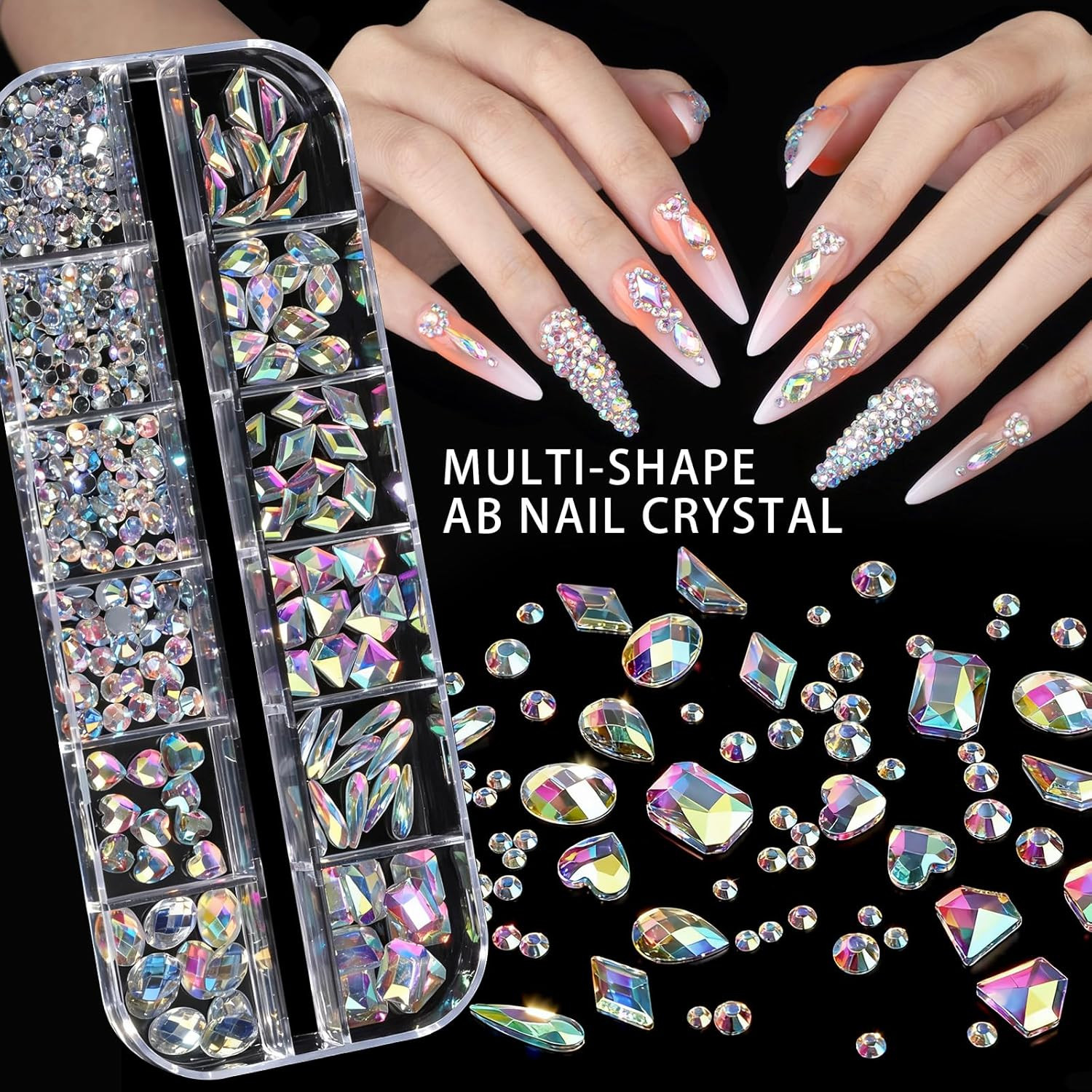 Nail Art Charms and Gems Set with Rhinestones, Brushes, Stickers, and Pearls