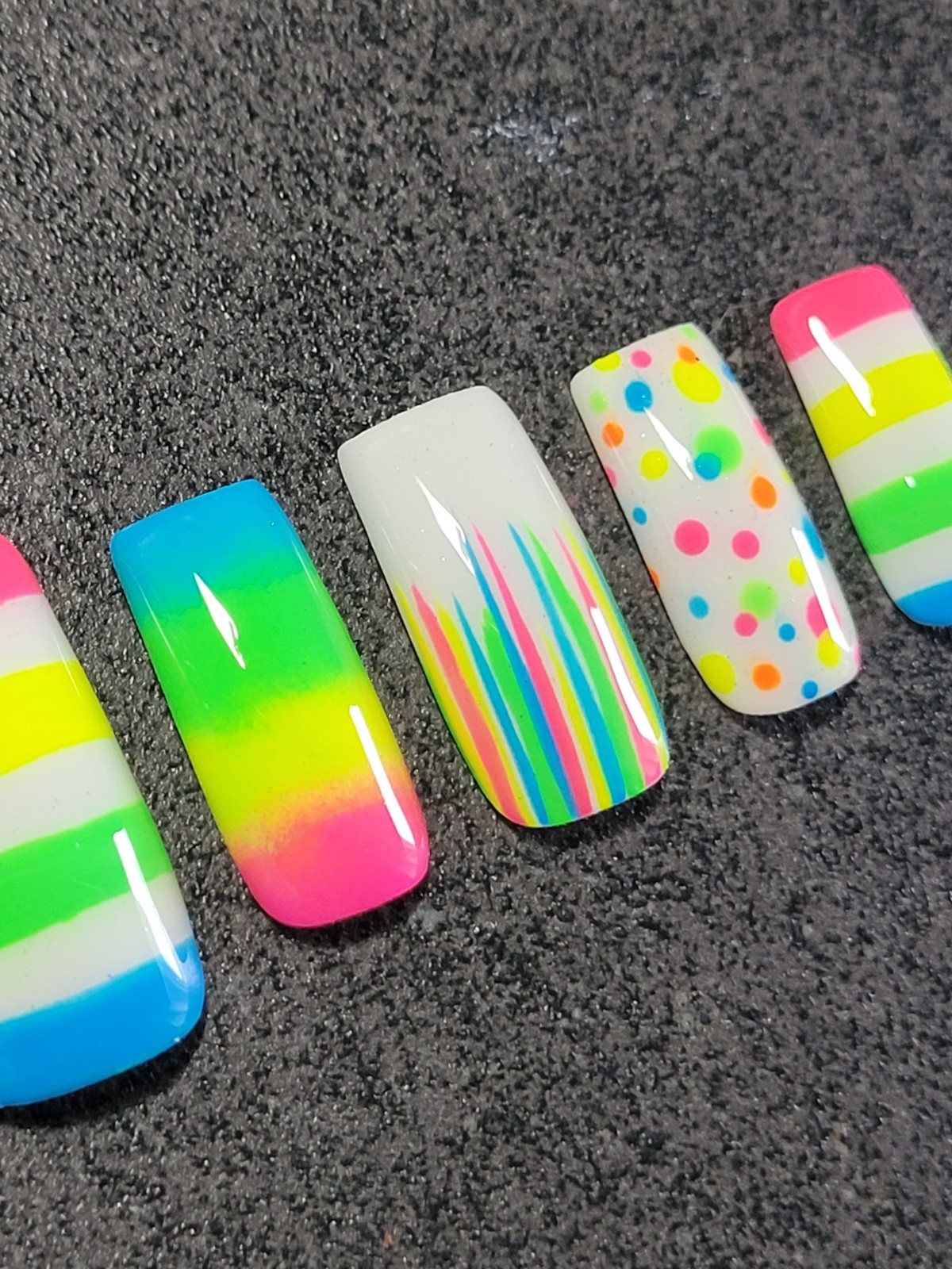 Custom Gel Press on Nails Handmade 10 pc set LARGE Neon Rainbow Dot Stripe Ombre