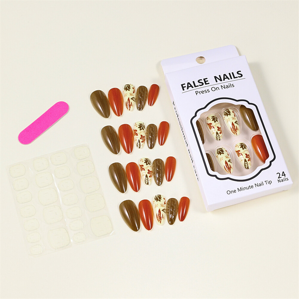 Short Almond Press-On Fake Nail Maple Leafs Thanksgiving Day Fall Manicure 24pcs