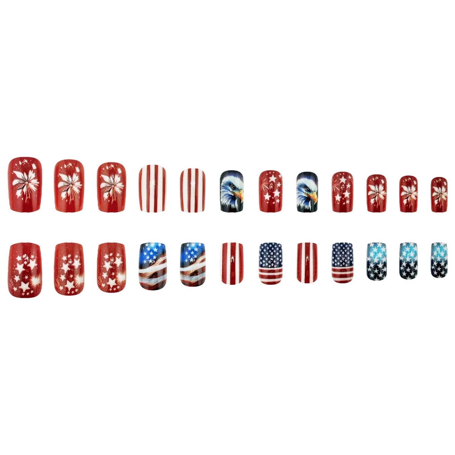 4th of July Press on Nails Short Square Fake Nails American Flag Eagle Fireworks