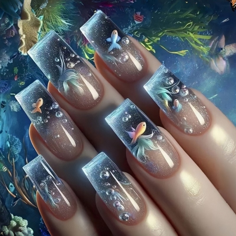 Seawater Patterned Press On Nail 24 Pieces Blue Goldfish Design Comfortable Wear