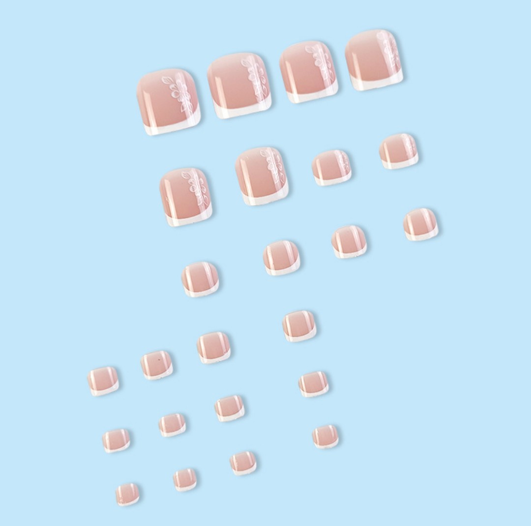 Press On Toenails 24Pcs White Flower French Tip Fake Toe Nail Set Glue