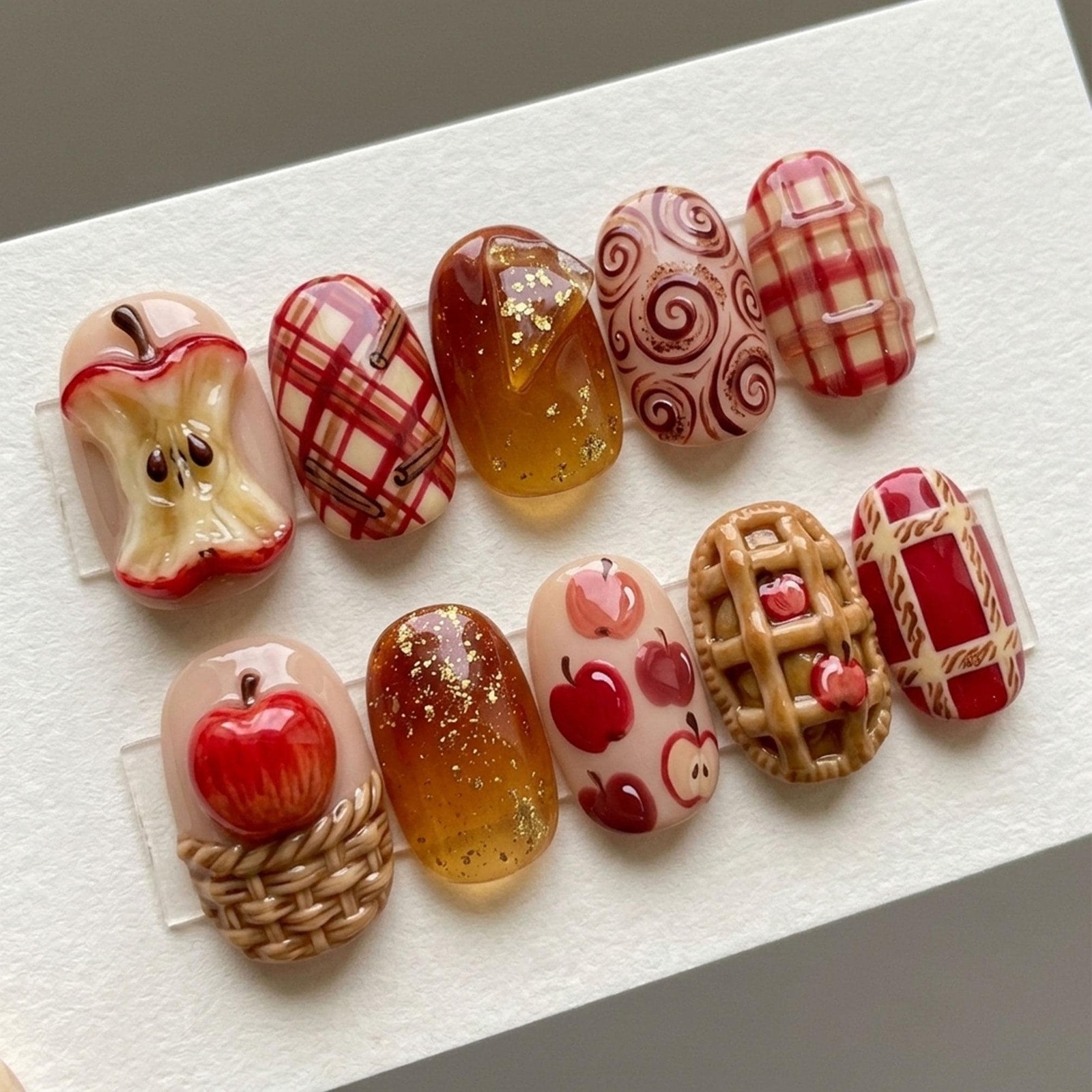 Handmade Custom Fall Apple Pie Honey Plaid Oval Press on Nails