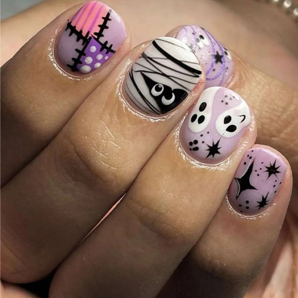 24pcs Halloween Spider Gothic Short Round Press On Nails