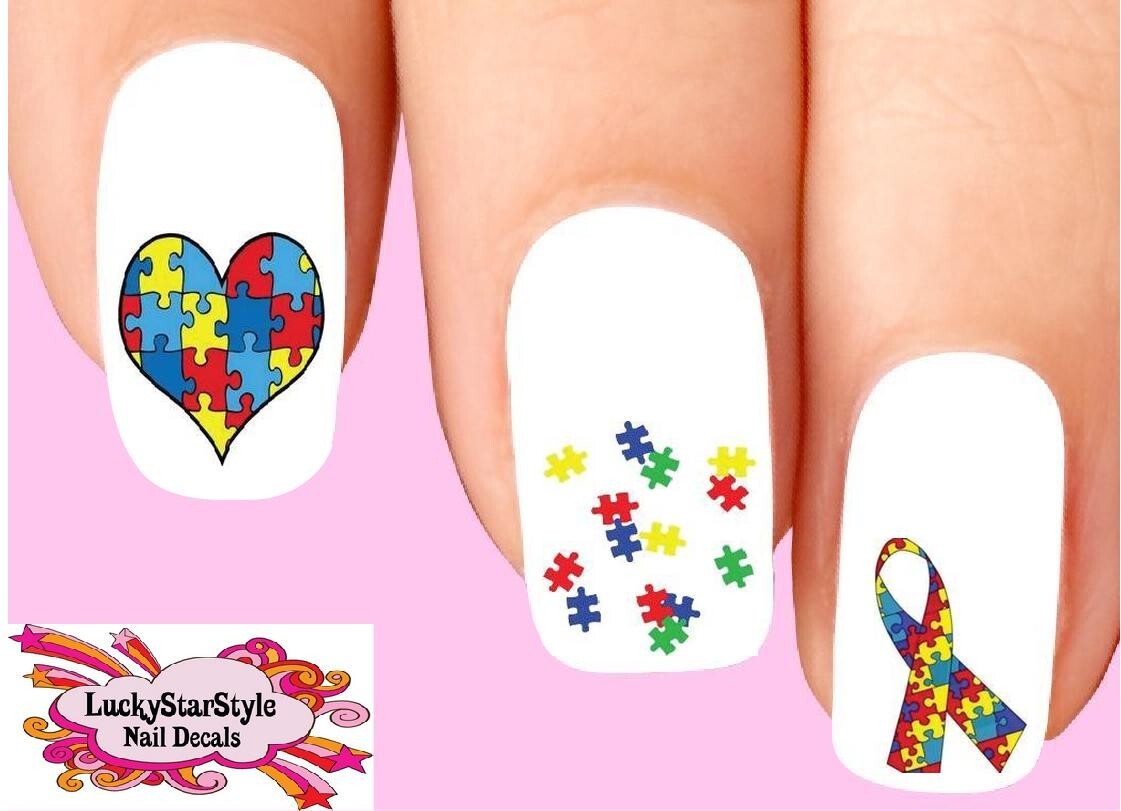 Waterslide Nail Decals Set of 20 – Autism Jigsaw Awareness Heart Ribbon Assorted