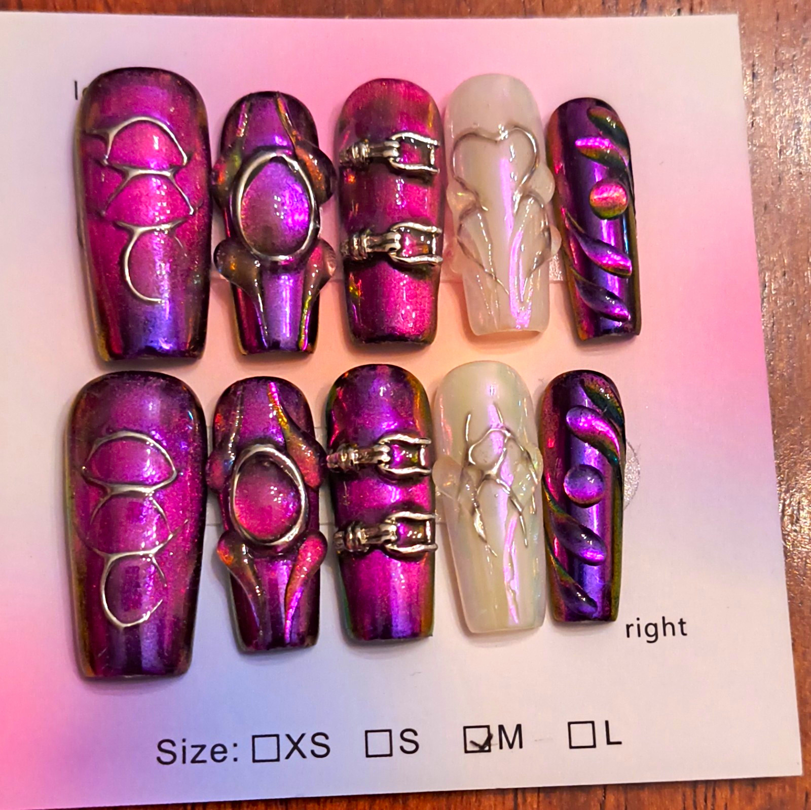 Long Coffin Press-On Nails Purple Pink White Chrome Shiny 3D Abstract Set Medium