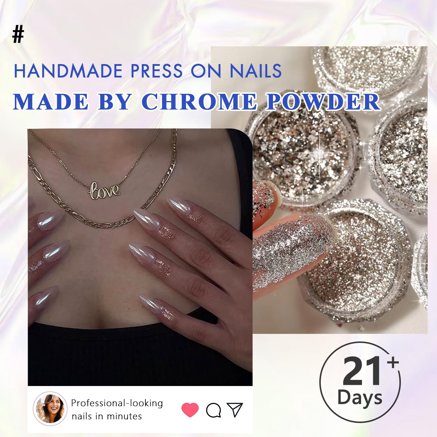 Sliver French Tip Press On Nails Almond – KQueenest Chrome Press On Nails Med…