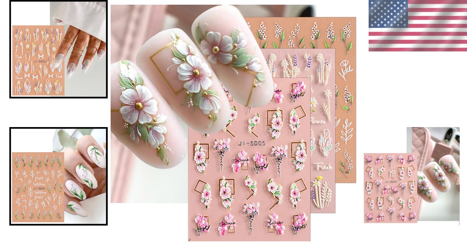 3D Embossed Flower & Leaves Nail Art Stickers Set – 4 Self-Adhesive Sheets
